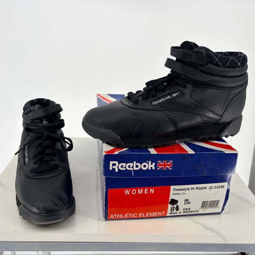 Reebok Freestyle Hi Ripple Size 8 Black Leather Y2K High Top Sneakers 32-24396